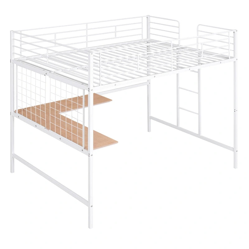 Full Metal Loft Bed with Desk and Metal Grid, Black