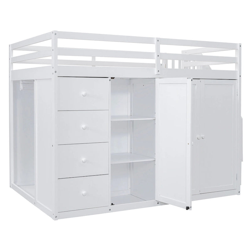 Full Size Wood Loft Bed With Built-in Wardrobes, Cabinets and Drawers, Gray