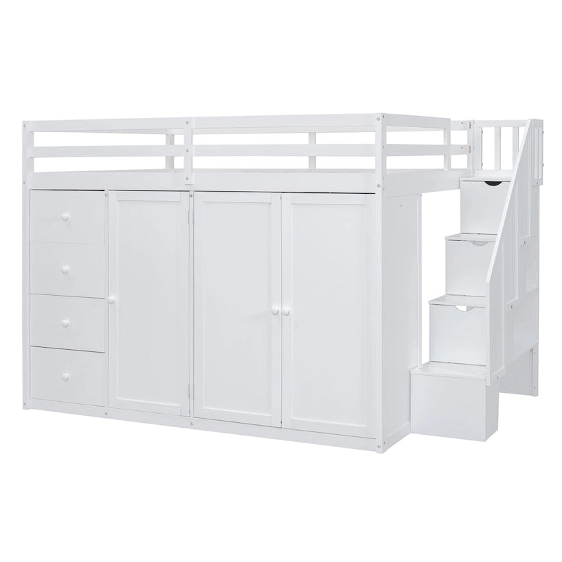 Full Size Wood Loft Bed With Built-in Wardrobes, Cabinets and Drawers, Gray