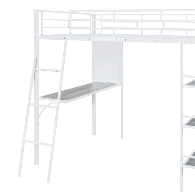 Full Size Loft Metal Bed with 3 Layers of Shelves and Desk, Stylish Metal Frame Bed with Whiteboard, Black