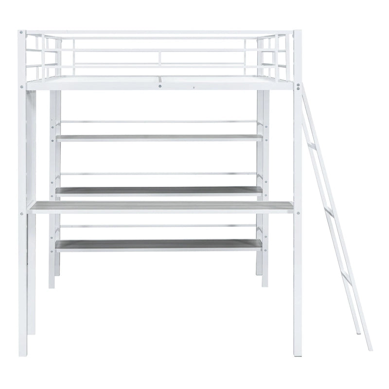 Full Size Loft Metal Bed with 3 Layers of Shelves and Desk, Stylish Metal Frame Bed with Whiteboard, Black