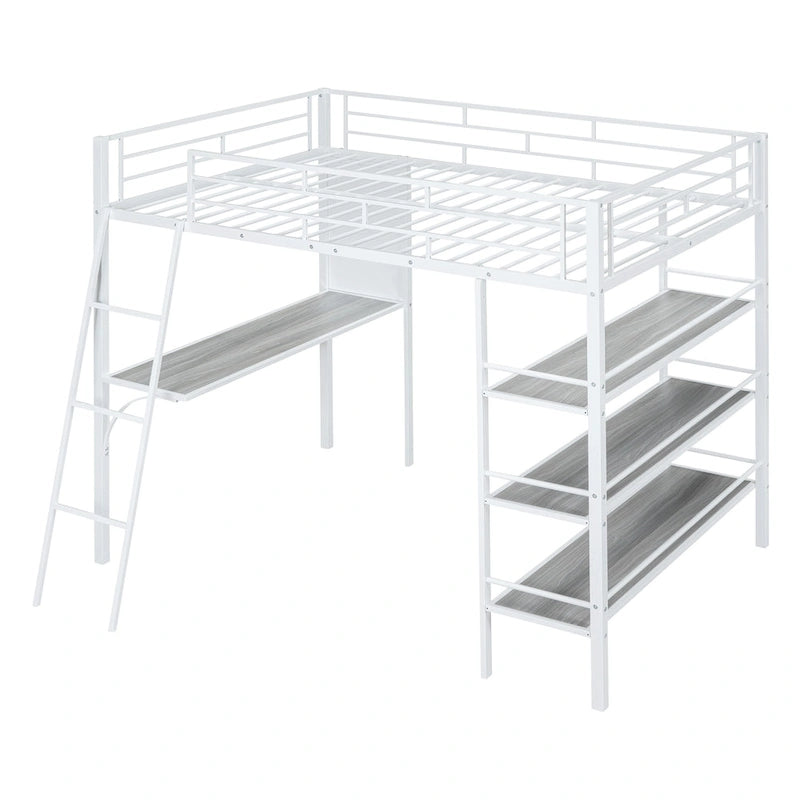 Full Size Loft Metal Bed with 3 Layers of Shelves and Desk, Stylish Metal Frame Bed with Whiteboard, Black