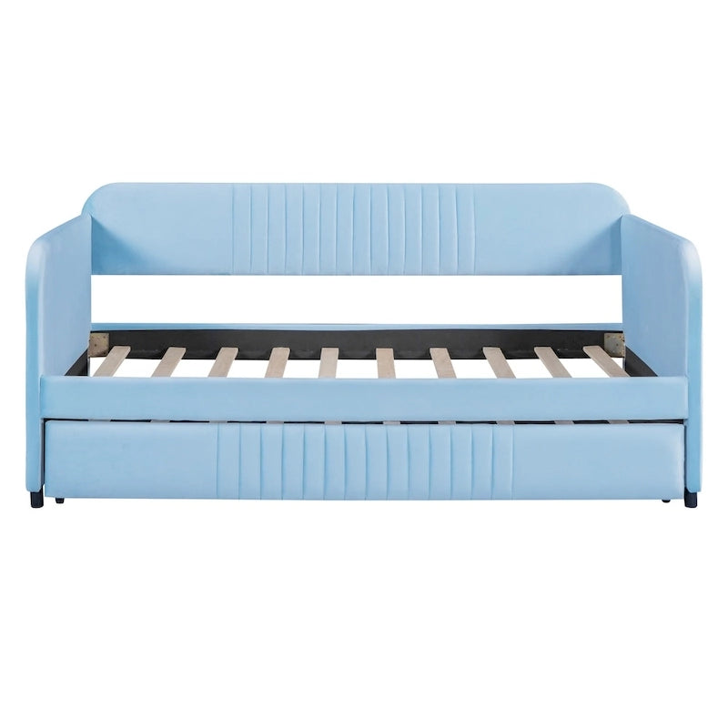 Upholstered Daybed Sofa Bed Twin Size With Trundle Bed and Wood Slat, Gray