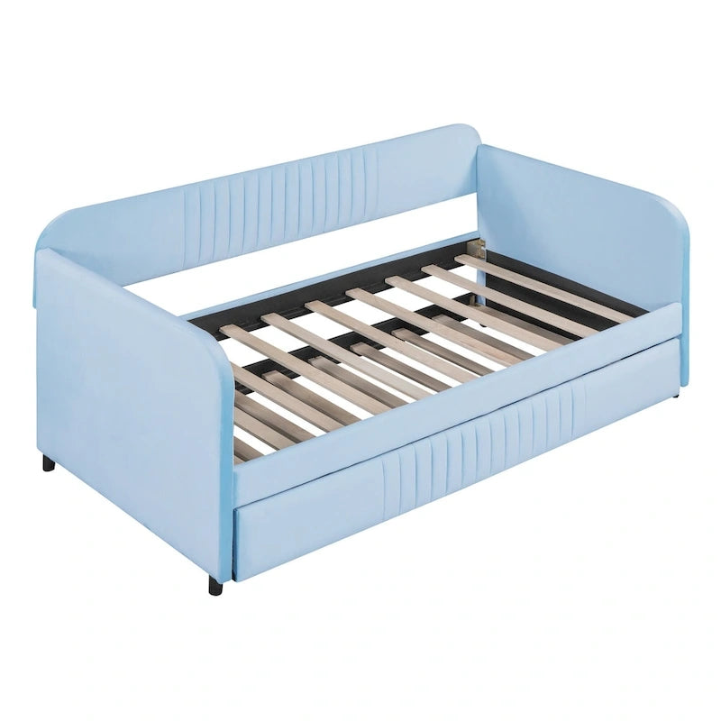 Upholstered Daybed Sofa Bed Twin Size With Trundle Bed and Wood Slat, Gray