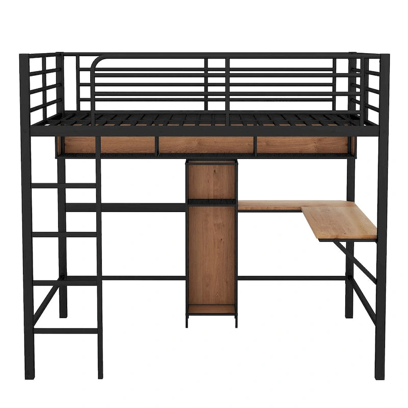 Full Size Metal & Wood Loft Bed with L -shaped desk and shelves, Black and Brown