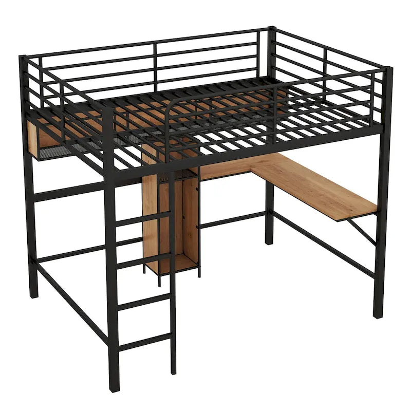 Full Size Metal & Wood Loft Bed with L -shaped desk and shelves, Black and Brown