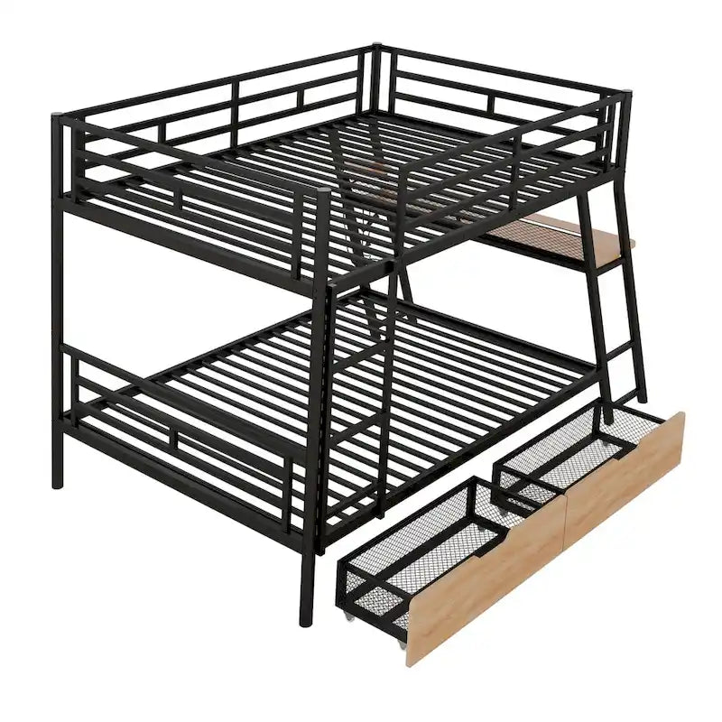 Full Size Metal & Wood Loft Bed with L -shaped desk and shelves, Black and Brown