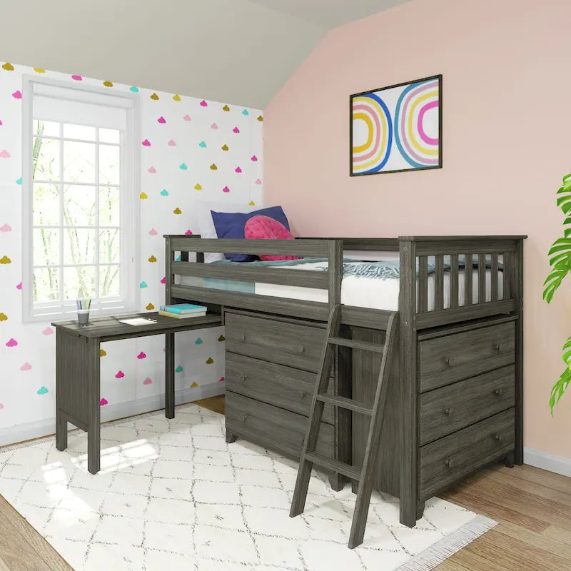Max and Lily Twin-Size Low Loft with Pull-Out Desk and 3-Drawer Dressers