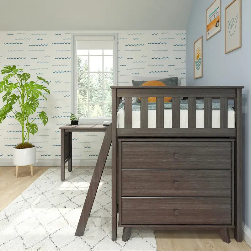 Max and Lily Twin-Size Low Loft with Pull-Out Desk and 3-Drawer Dressers
