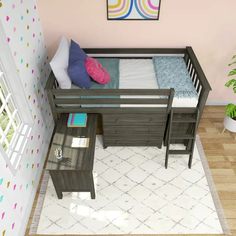 Max and Lily Twin-Size Low Loft with Pull-Out Desk and 3-Drawer Dressers