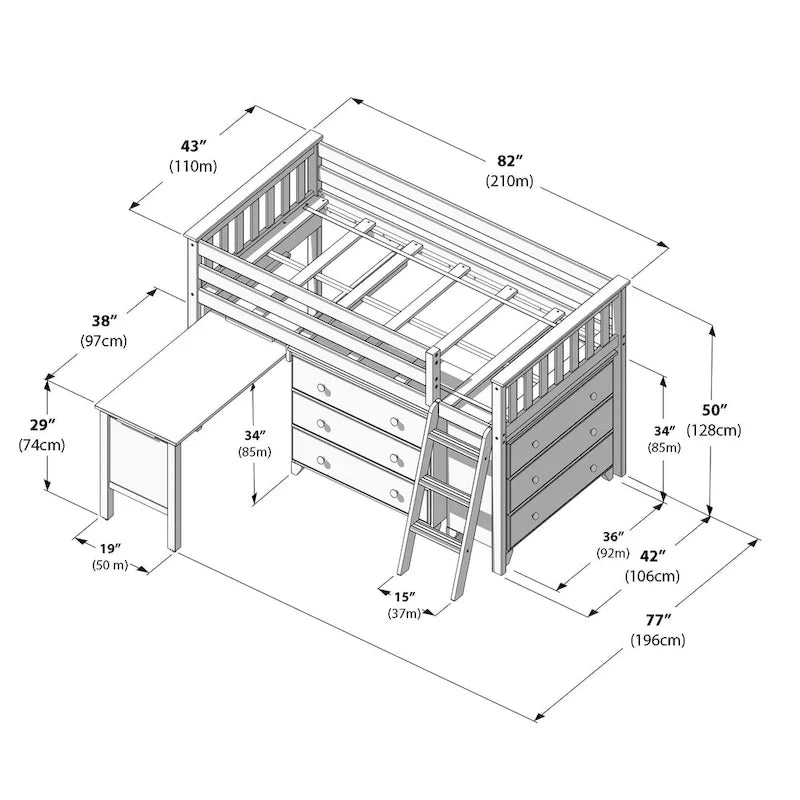 Max and Lily Twin-Size Low Loft with Pull-Out Desk and 3-Drawer Dressers