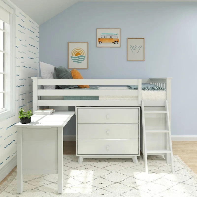 Max and Lily Twin-Size Low Loft with Pull-Out Desk and 3-Drawer Dressers