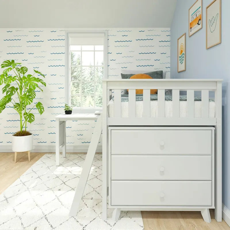 Max and Lily Twin-Size Low Loft with Pull-Out Desk and 3-Drawer Dressers
