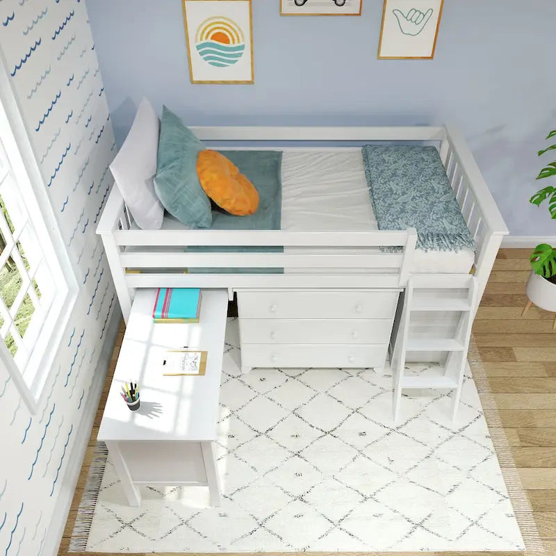 Max and Lily Twin-Size Low Loft with Pull-Out Desk and 3-Drawer Dressers