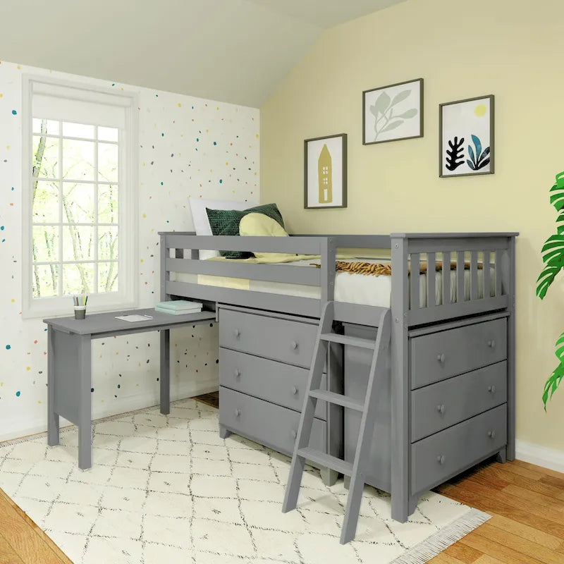 Max and Lily Twin-Size Low Loft with Pull-Out Desk and 3-Drawer Dressers