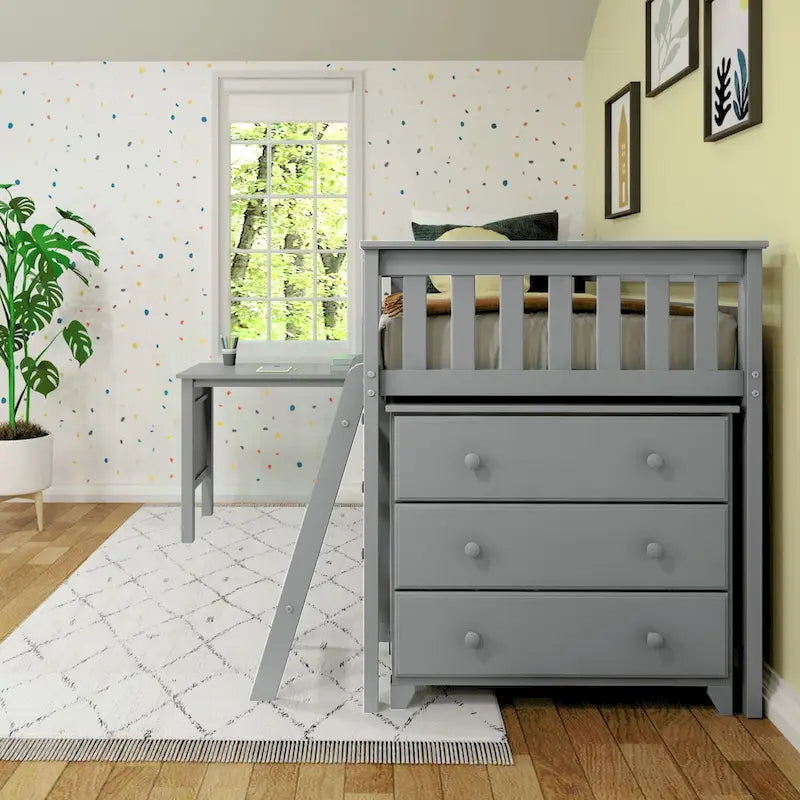 Max and Lily Twin-Size Low Loft with Pull-Out Desk and 3-Drawer Dressers