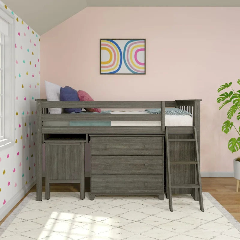 Max and Lily Twin-Size Low Loft with Pull-Out Desk and 3-Drawer Dressers