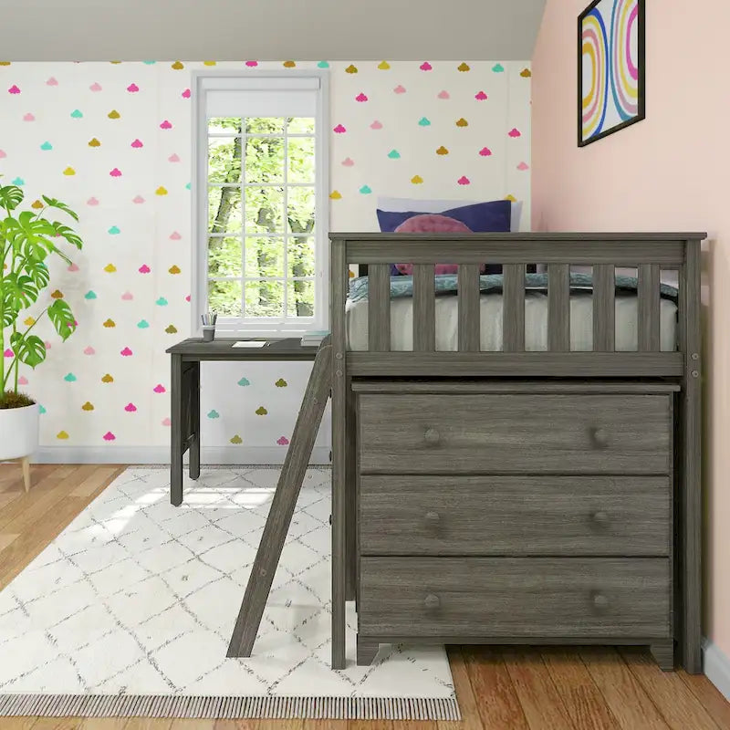 Max and Lily Twin-Size Low Loft with Pull-Out Desk and 3-Drawer Dressers