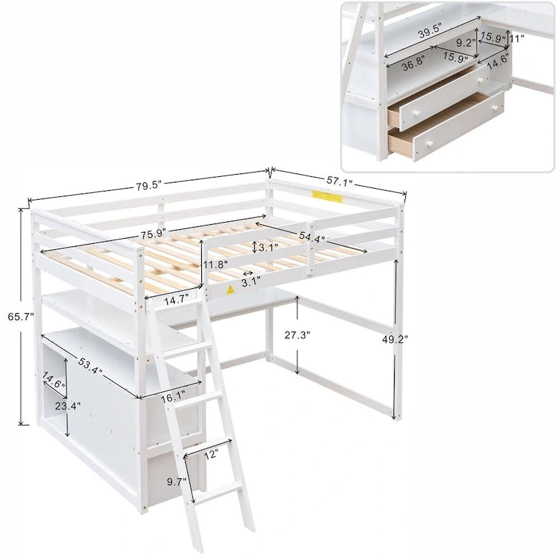 Merax Wood Loft Bed with Desk, Shelves and Drawers