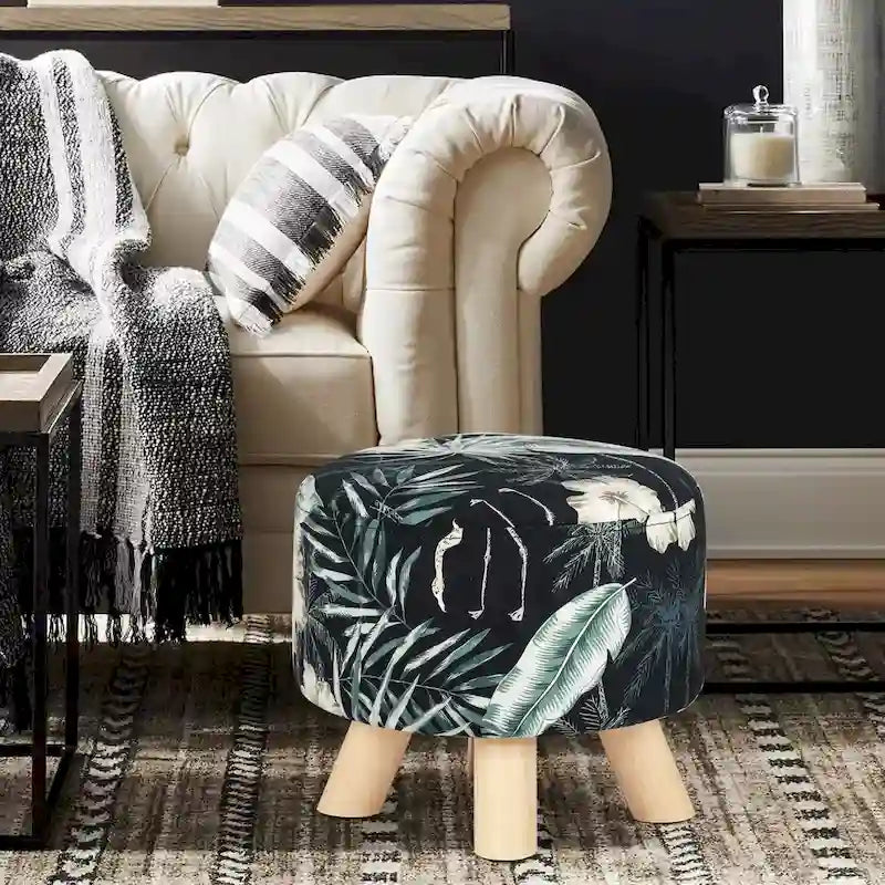 Adeco Modern Round Ottoman Foot Rest Footstool Velvet Fabric Padded