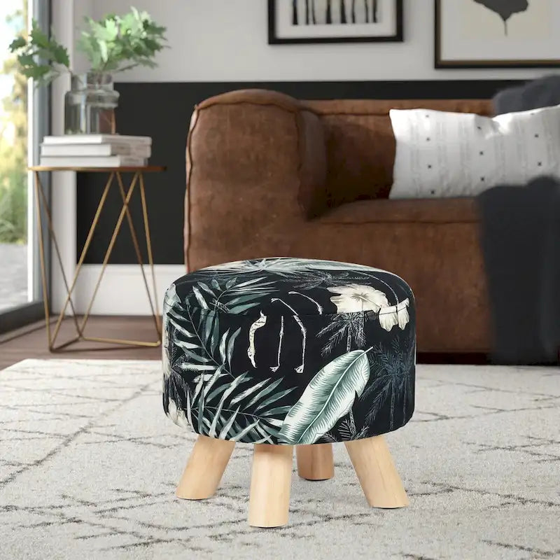 Adeco Modern Round Ottoman Foot Rest Footstool Velvet Fabric Padded
