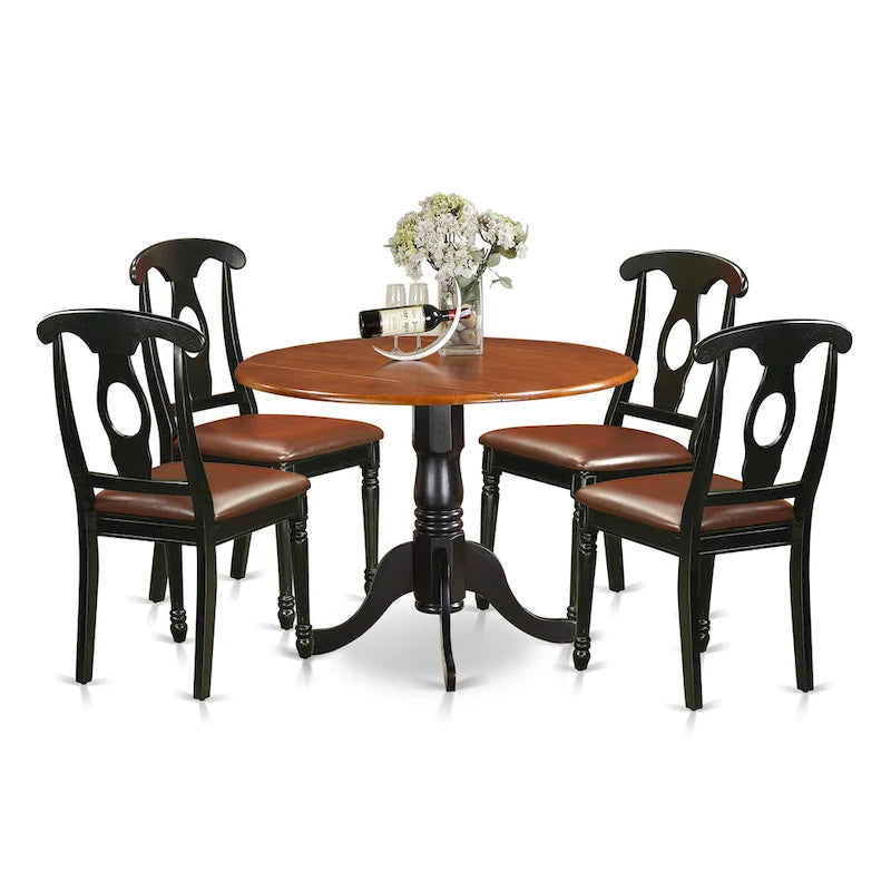 East West Furniture Dining Table Set- a Round Kitchen Table and Faux Leather Dinette Chairs, Black & Cherry (Pieces Option)