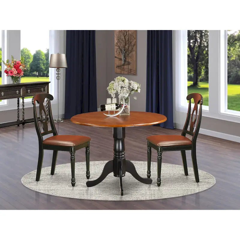 East West Furniture Dining Table Set- a Round Kitchen Table and Faux Leather Dinette Chairs, Black & Cherry (Pieces Option)