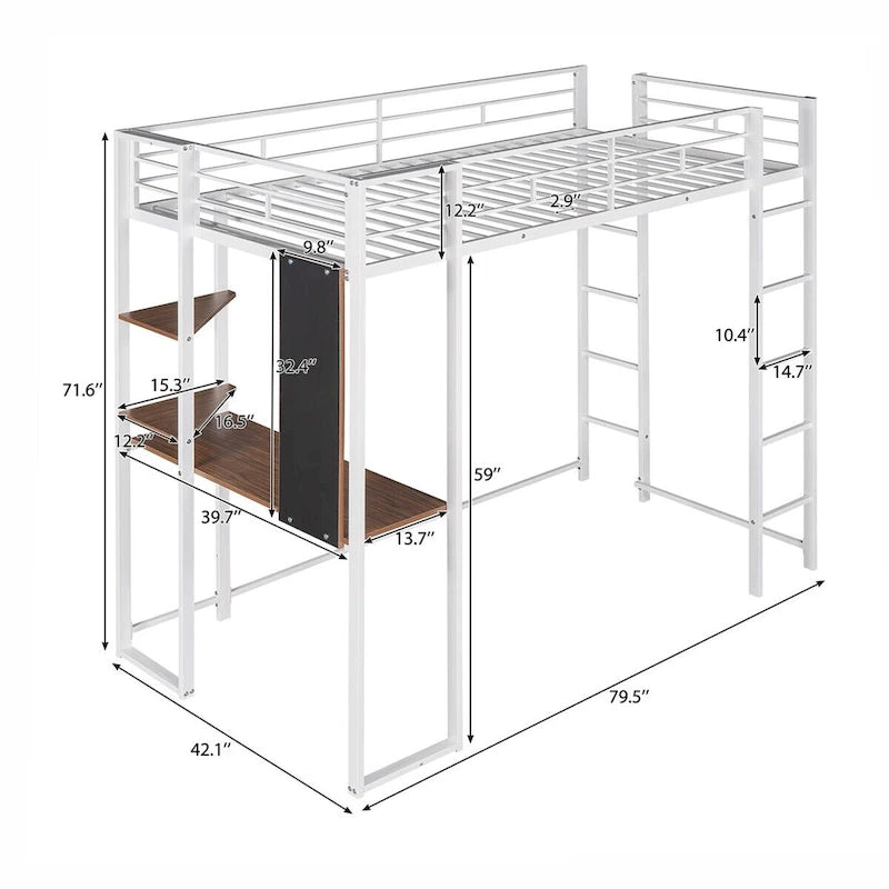 Merax Metal Twin Size Loft Bed with Desk, Shelves