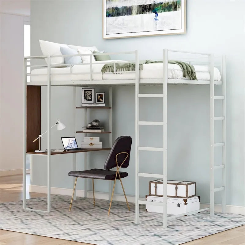 Merax Metal Twin Size Loft Bed with Desk, Shelves