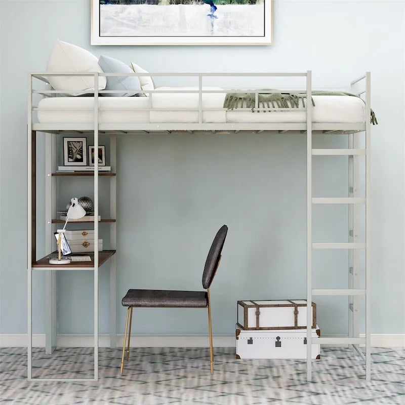 Merax Metal Twin Size Loft Bed with Desk, Shelves