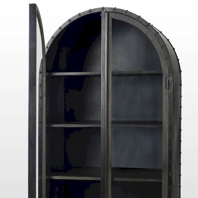 Gehry II Dark Brown Solid Wood w/ Black Iron Frame & Glass Doors / Drawers Display Cabinet