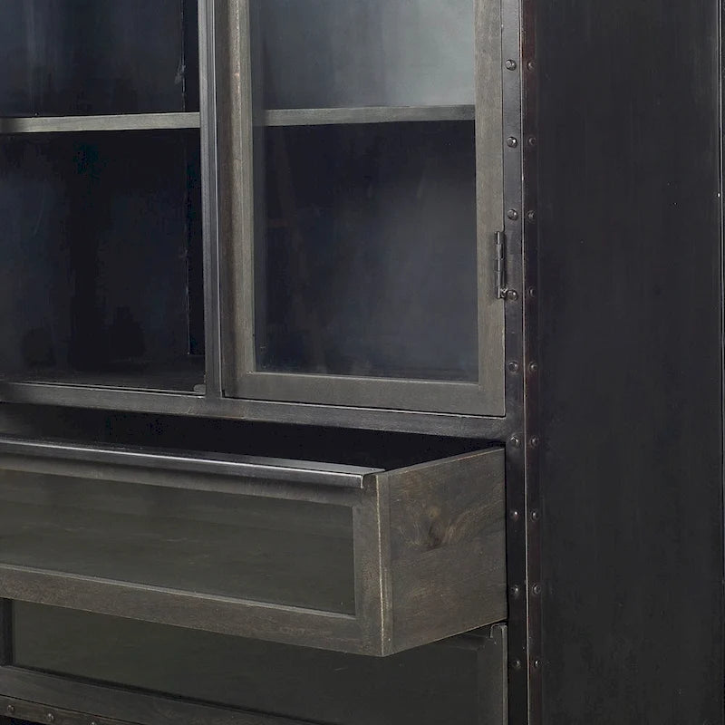 Gehry II Dark Brown Solid Wood w/ Black Iron Frame & Glass Doors / Drawers Display Cabinet