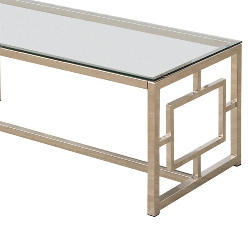 Tempered Glass Top Coffee Table with Lattice Cut Outs, Silver and Clear