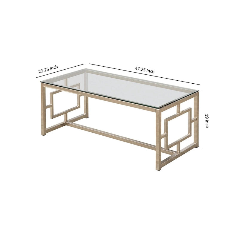 Tempered Glass Top Coffee Table with Lattice Cut Outs, Silver and Clear