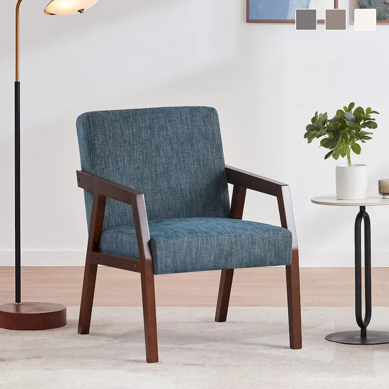 HUIMO Accent Armchair Solid Wooden Brownness/ White/ Blue Upholstered Mid-Century Modern Accent Chair for Living Room, Bedroom