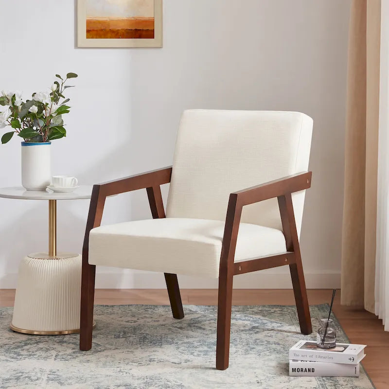 HUIMO Accent Armchair Solid Wooden Brownness/ White/ Blue Upholstered Mid-Century Modern Accent Chair for Living Room, Bedroom
