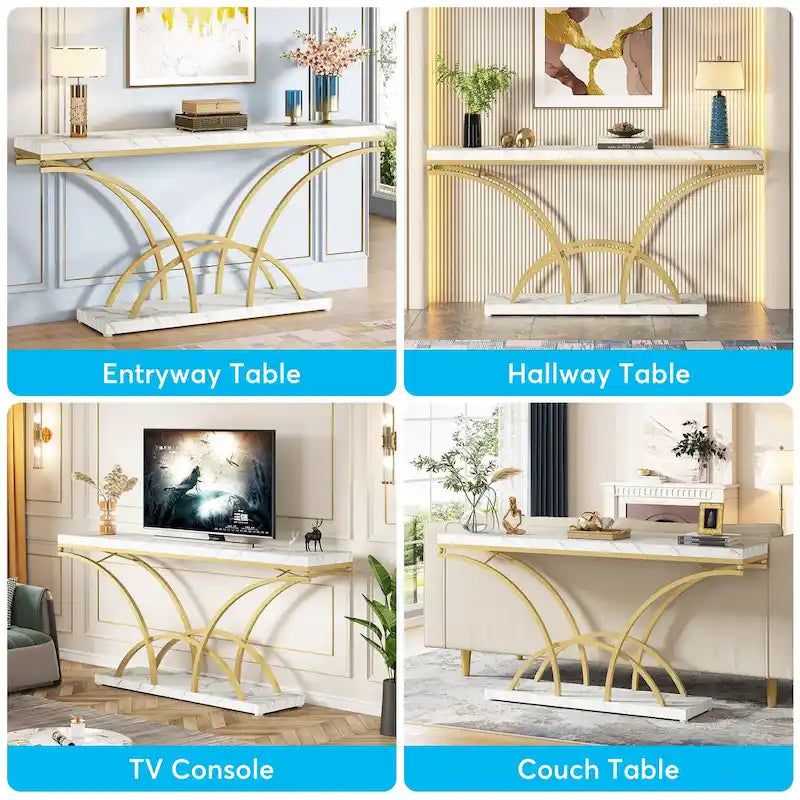 70.9 Faux Marble Console Sofa Table with Half-Moon Shaped Metal Legs for Entryway, Accent Tables for Living Room