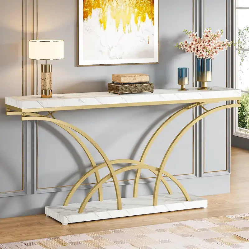 70.9 Faux Marble Console Sofa Table with Half-Moon Shaped Metal Legs for Entryway, Accent Tables for Living Room