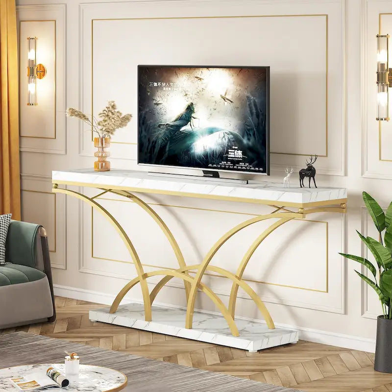 70.9 Faux Marble Console Sofa Table with Half-Moon Shaped Metal Legs for Entryway, Accent Tables for Living Room