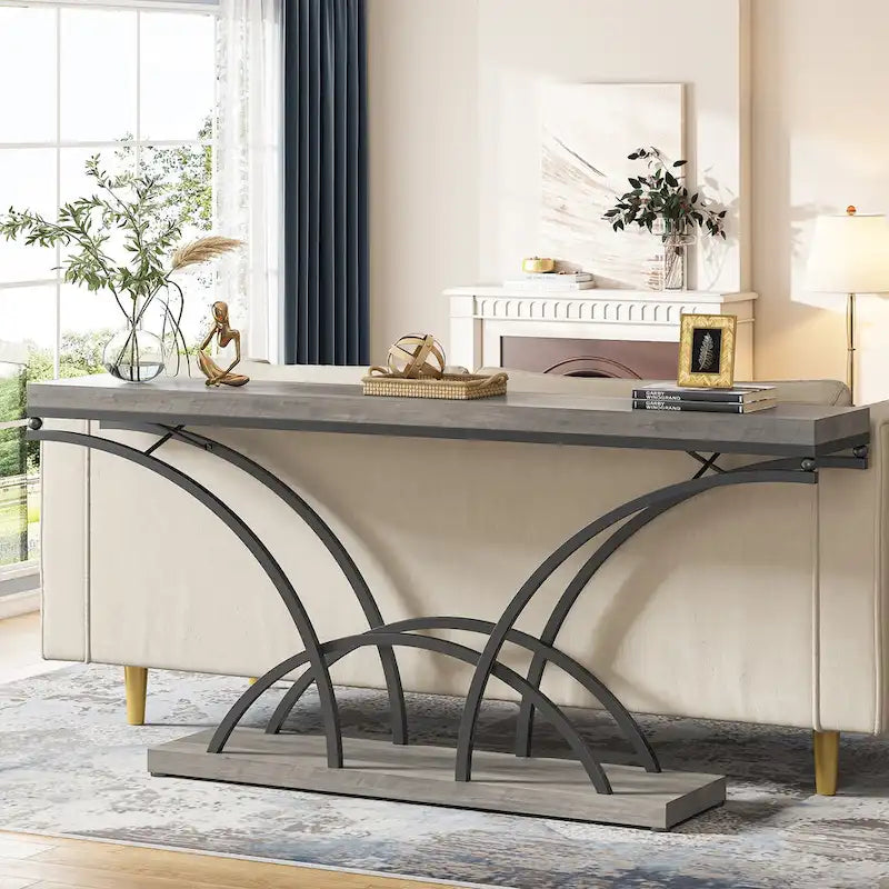70.9 Faux Marble Console Sofa Table with Half-Moon Shaped Metal Legs for Entryway, Accent Tables for Living Room