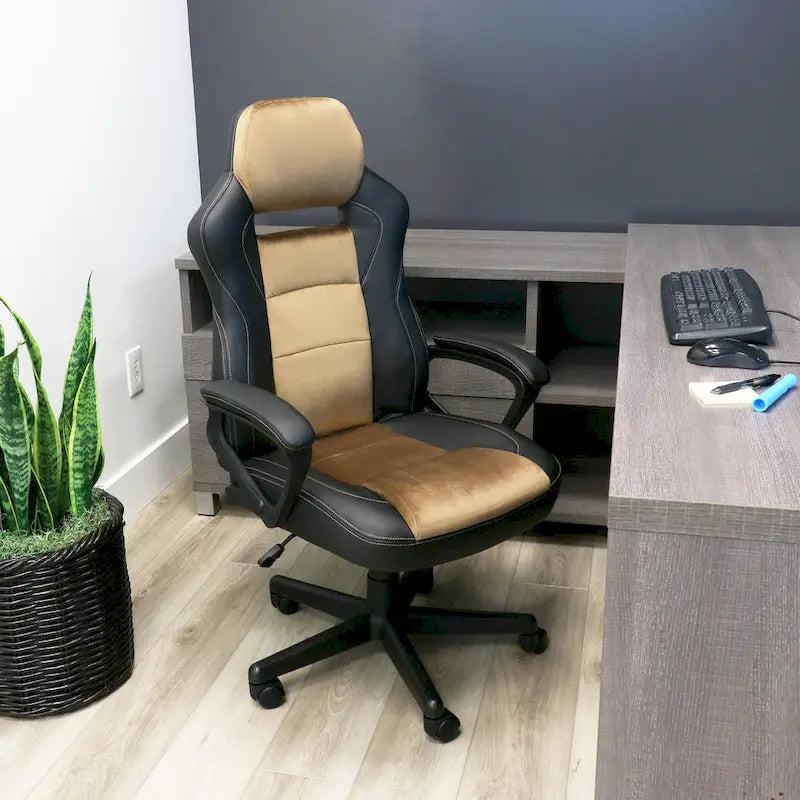 Chaise de bureau haute à dossier réglable en similicuir noir et marron