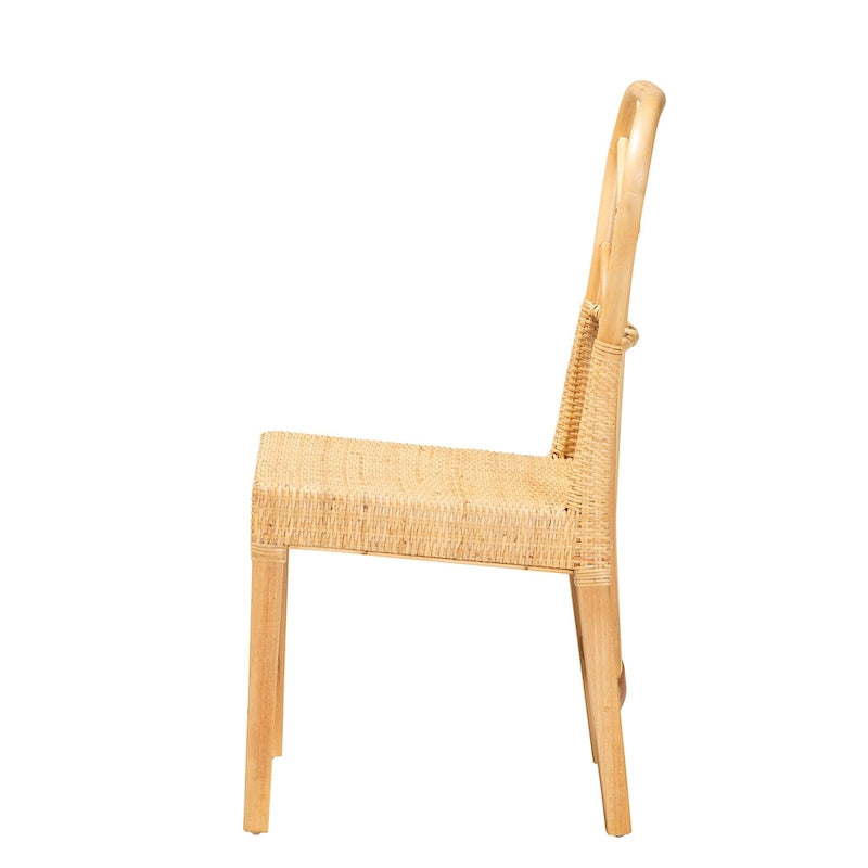 Monaco Modern Bohemian Oak Brown Finished Mahogany Wood and Natural Rattan Dining Chair