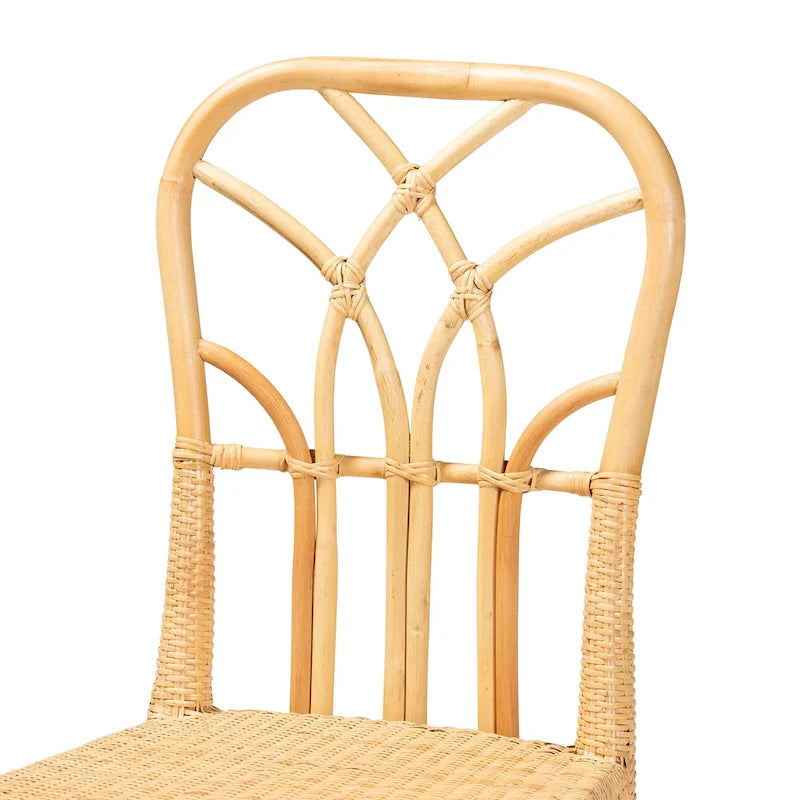 Monaco Modern Bohemian Oak Brown Finished Mahogany Wood and Natural Rattan Dining Chair