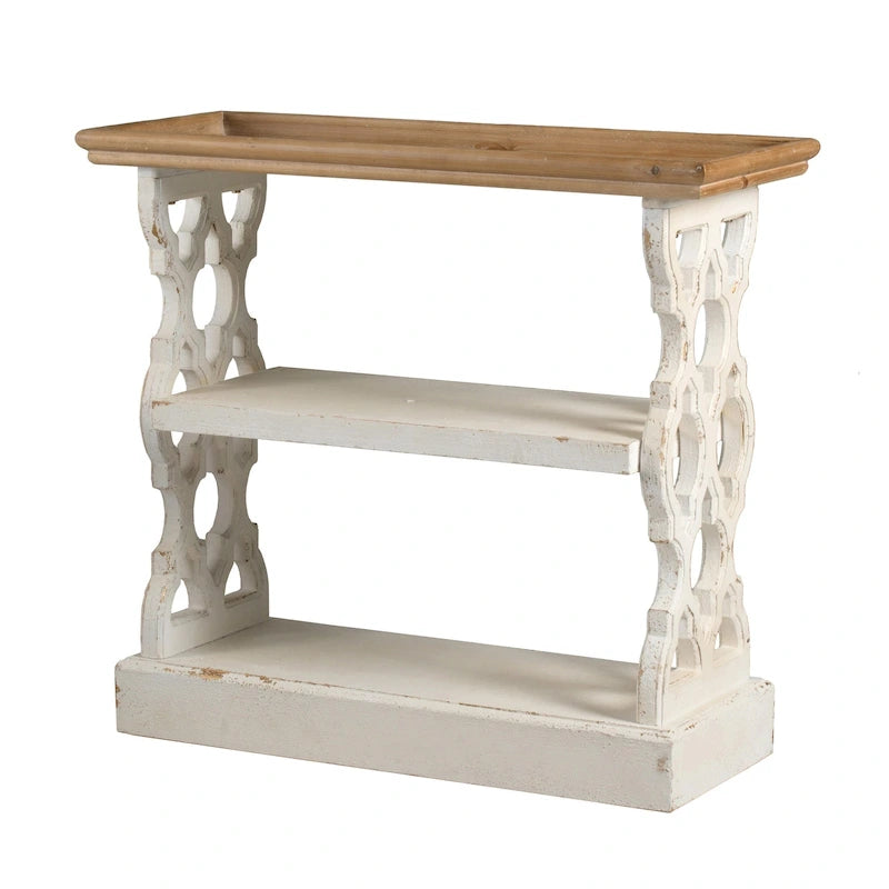 35 Inch 3 Tier Console Table, Fir Wood, Carved Panels, Brown and White