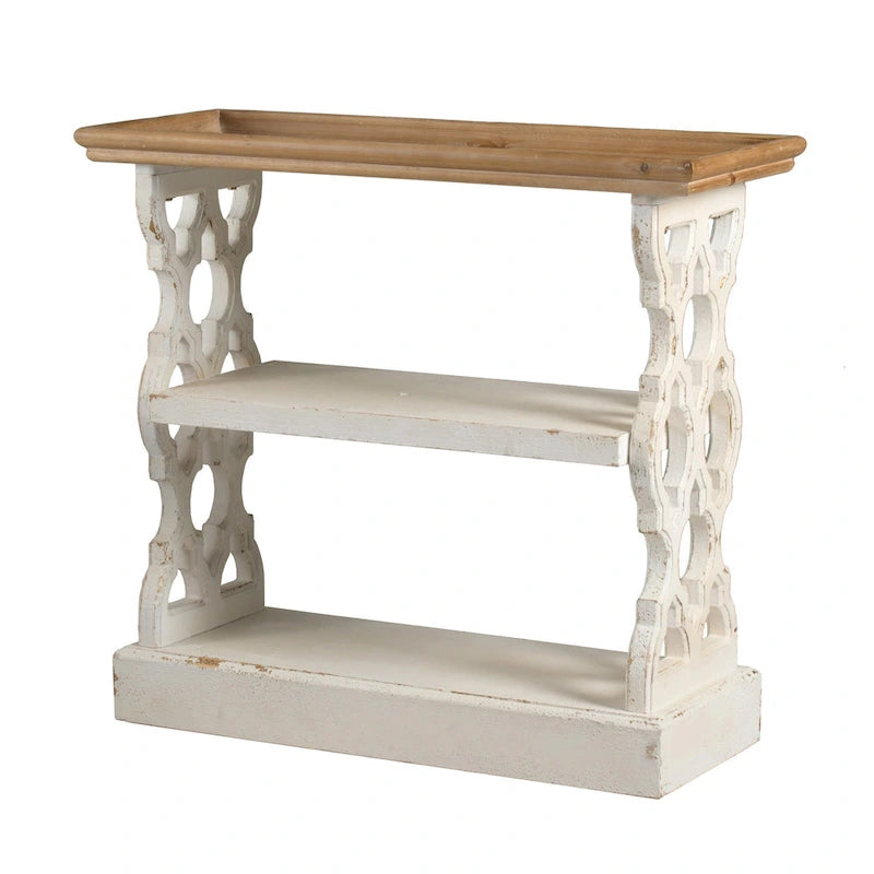 35 Inch 3 Tier Console Table, Fir Wood, Carved Panels, Brown and White