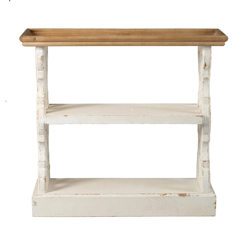 35 Inch 3 Tier Console Table, Fir Wood, Carved Panels, Brown and White