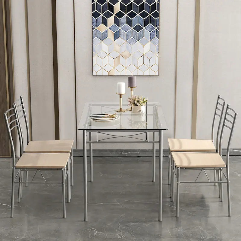 5-pieces Modern Dining Sets,Tempered Glass Table Top and 4 PU Chairs