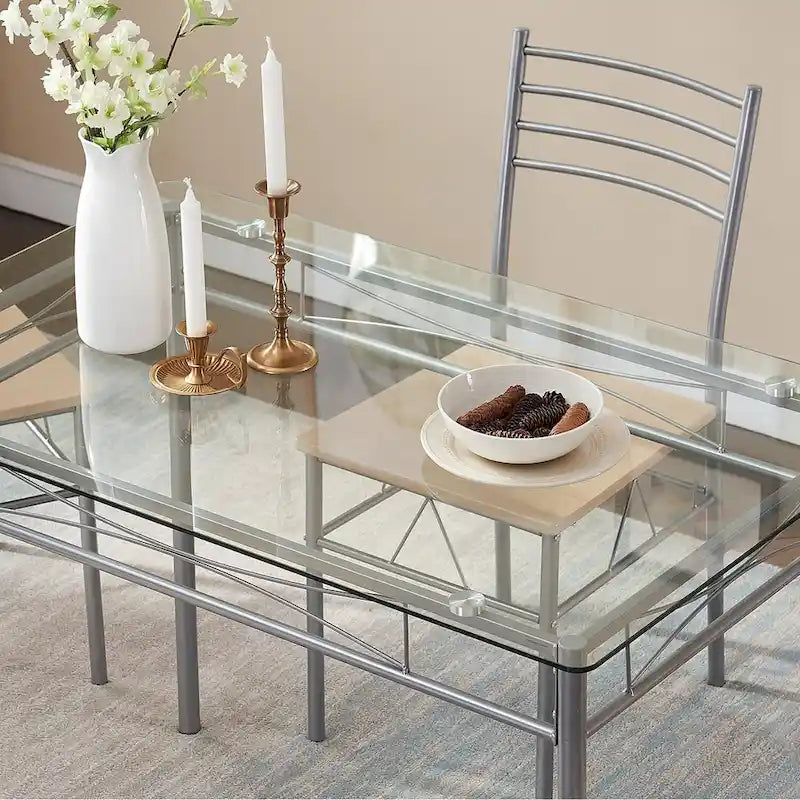 5-pieces Modern Dining Sets,Tempered Glass Table Top and 4 PU Chairs