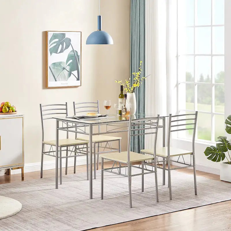 5-pieces Modern Dining Sets,Tempered Glass Table Top and 4 PU Chairs