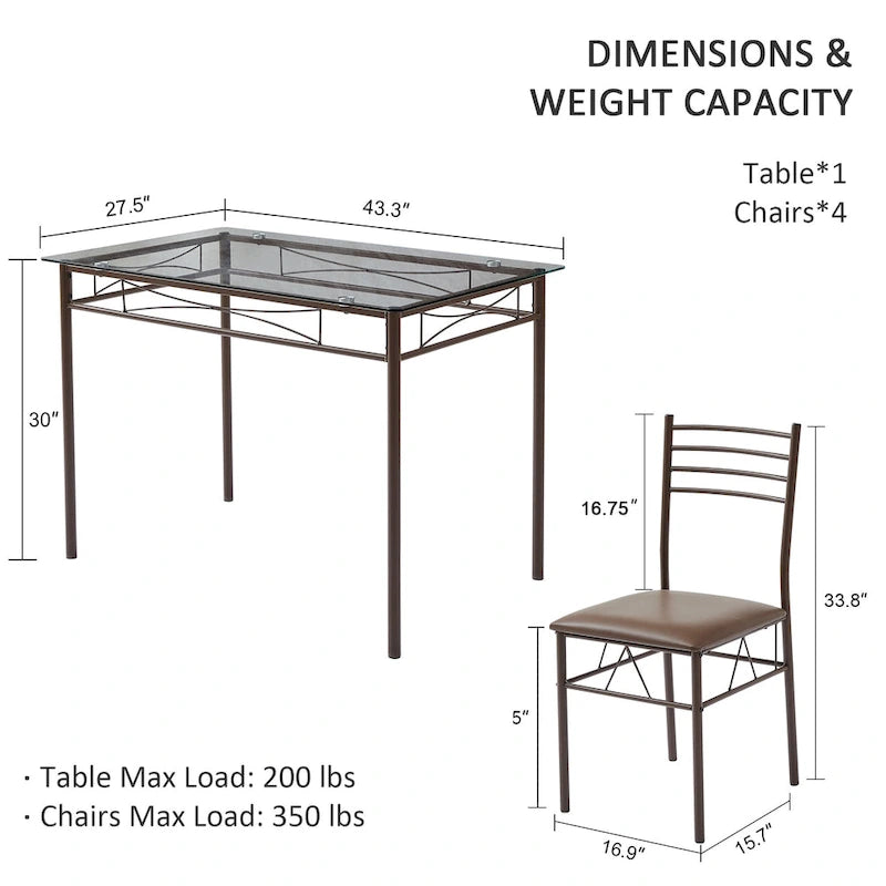 5-pieces Modern Dining Sets,Tempered Glass Table Top and 4 PU Chairs